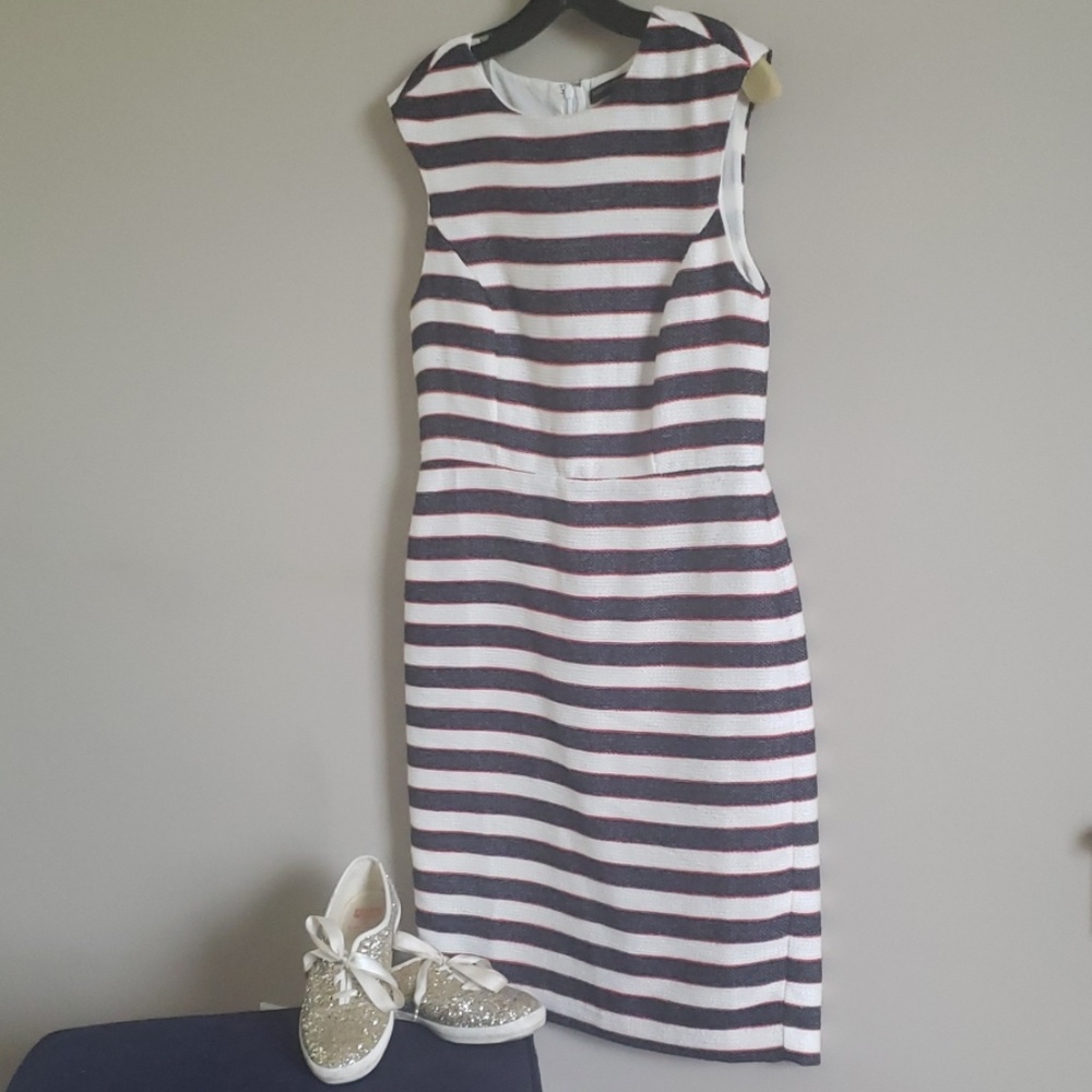 Banana Republic White and Navy Striped Sleeveless Sheath Dress